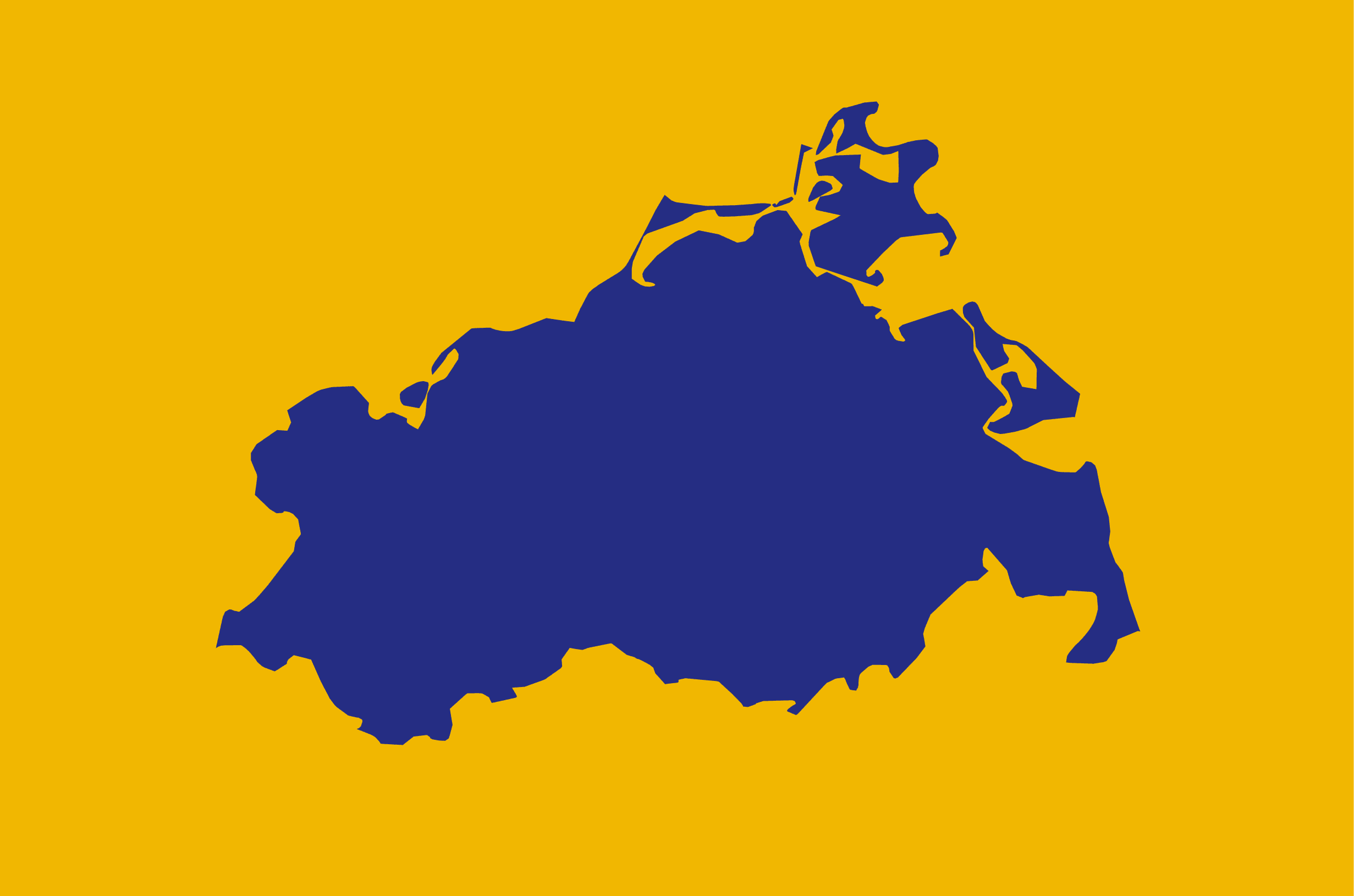 Blaue Karte von Mecklenburg-Vorpommern auf gelbem Hintergrund