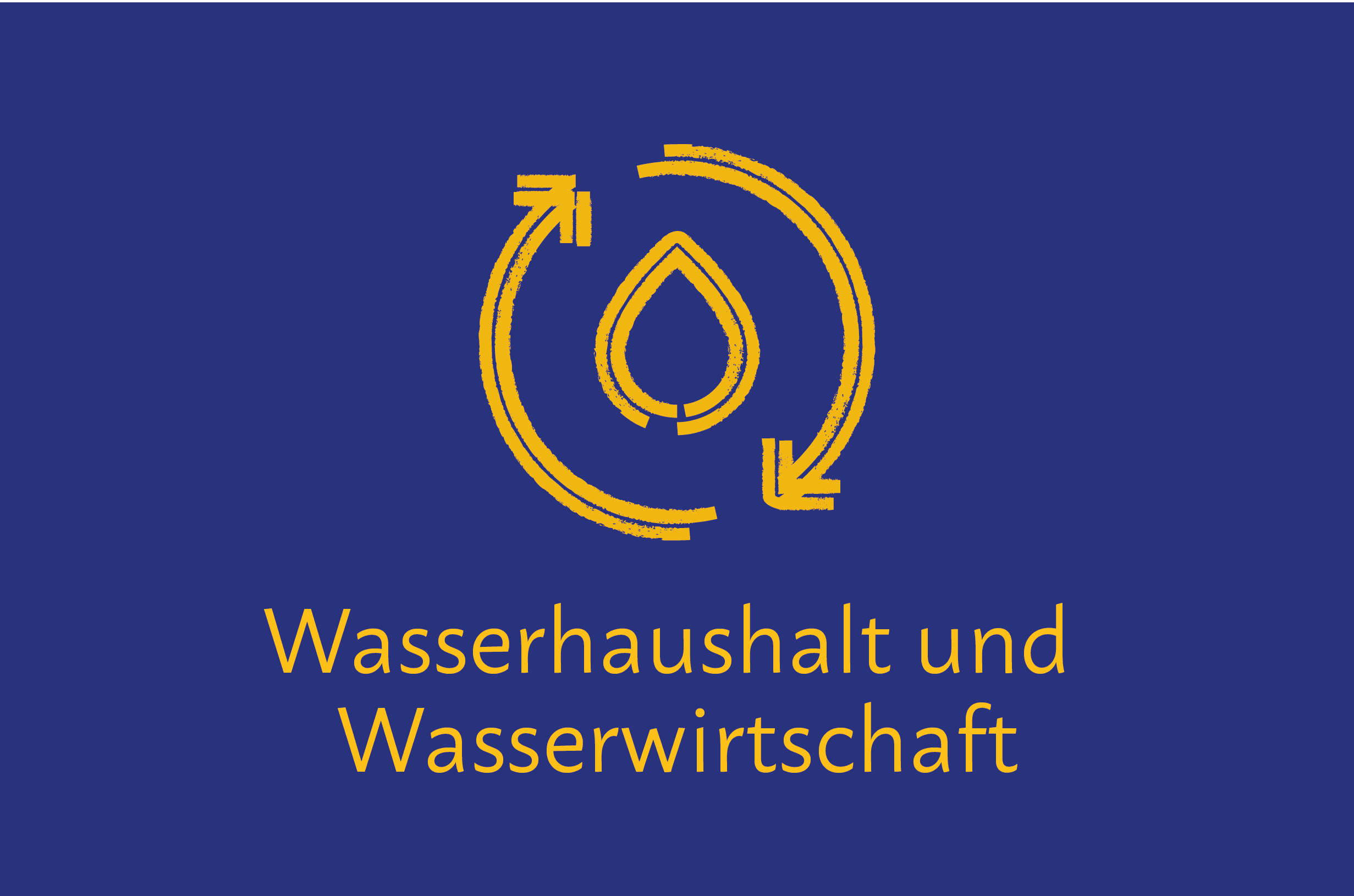 Handlungsfeld Wasserhaushalt und Wasserwirtschaft Piktogramm von zwei Pfeilen eingekreister Tropfen. Text im Bild „Wasserhaushalt und Wasserwirtschaft“